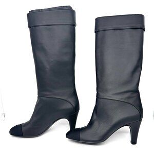CHANEL 20K Calfskin Leather FoldOver Cuff Tall Knee High Boots Heels